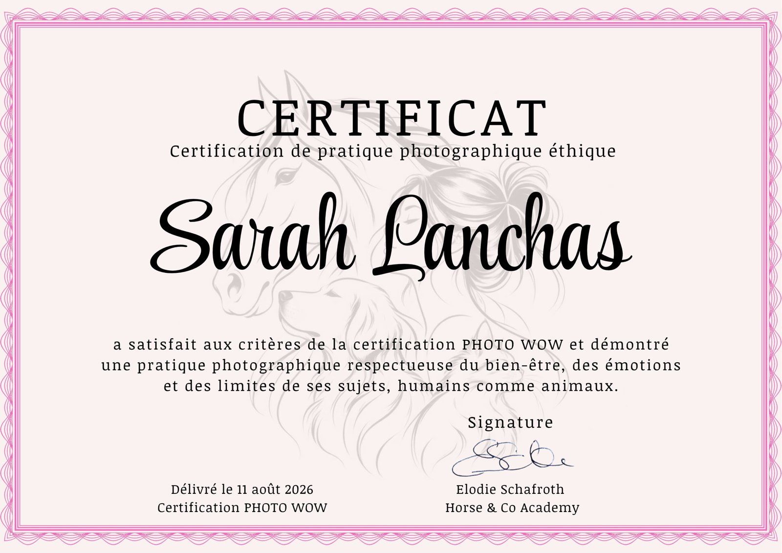 certificat de pratique photographique éthique délivré à Sarah Lanchas